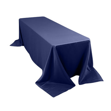 90"x156" Navy Blue Seamless Lamour Satin Rectangle Tablecloth for 8 Foot Table With Floor-Length Drop