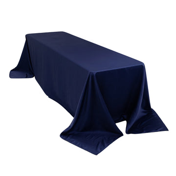 90"x156" Navy Blue Seamless Lamour Satin Rectangle Tablecloth for 8 Foot Table With Floor-Length Drop