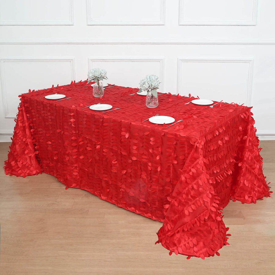 90x156inch Red 3D Leaf Petal Taffeta Fabric Rectangle Tablecloth