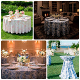 Decorative table settings featuring floral tablecloths in various elegant settings.