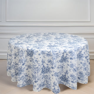 Beautiful 120" Round White And Blue French Toile Polyester Tablecloth