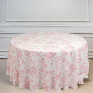 Beautiful 120" Round White And Pink French Toile Polyester Tablecloth