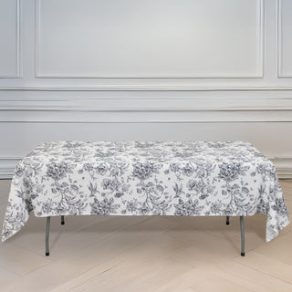 <strong>Sophisticated White Polyester Rectangular Tablecloth with Black French Toile Pattern </strong>