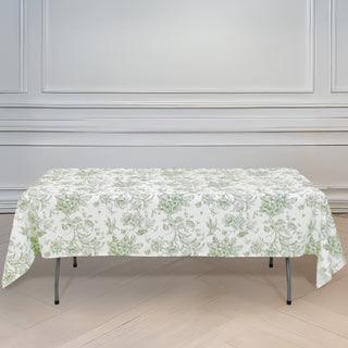 <strong>Elegant White Tablecloth with a Dusty Sage Green French Toile Design</strong>
