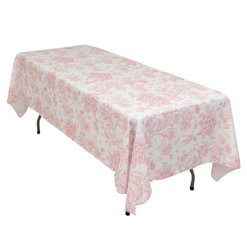 Polyester 60"x102" Rectangle Tablecloth White - Pink French Toile Pattern for Modern Occasions