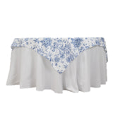 70x70inch White Blue French Toile Polyester Square Table Overlay#whtbkgd