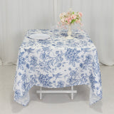 70x70inch White Blue French Toile Polyester Square Table Overlay