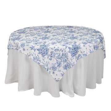 Polyester 70"x70" Table Overlay White - Blue French Toile Pattern for Stylish Events