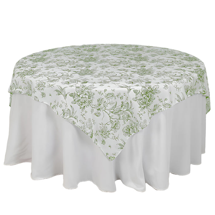 Polyester 70x70inch Table Overlay White - Dusty Sage Green French Toile Pattern for Stylish Events