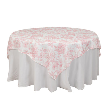 Polyester 70"x70" Table Overlay White - Pink French Toile Pattern for Refined Gatherings