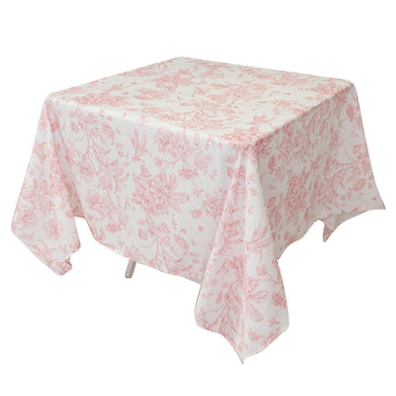 Polyester 70"x70" Square Tablecloth White - Pink French Toile Pattern for Elegant Occasions