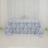 90x132inch White Blue French Toile Polyester Tablecloth, Seamless Floral Rectangle Table Cover