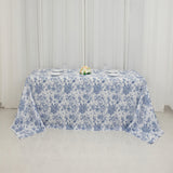 90x132inch White Blue French Toile Polyester Tablecloth, Seamless Floral Rectangle Table Cover