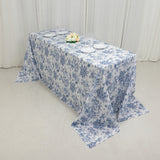 90x132inch White Blue French Toile Polyester Tablecloth, Seamless Floral Rectangle Table Cover