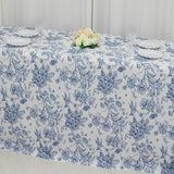 90x132inch White Blue French Toile Polyester Tablecloth, Seamless Floral Rectangle Table Cover