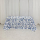 90x132inch White Blue French Toile Polyester Tablecloth, Seamless Floral Rectangle Table Cover