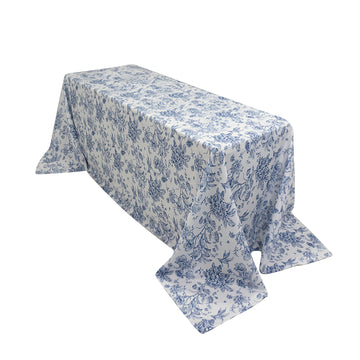 Polyester 90"x132" Rectangle Tablecloth White - Seamless Blue French Toile Pattern for Upscale Events