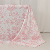 90x132inch White Pink French Toile Polyester Tablecloth, Seamless Floral Rectangle Table Cover