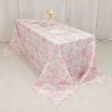 90x132inch White Pink French Toile Polyester Tablecloth, Seamless Floral Rectangle Table Cover