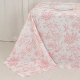 90x132inch White Pink French Toile Polyester Tablecloth, Seamless Floral Rectangle Table Cover