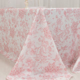 90x132inch White Pink French Toile Polyester Tablecloth, Seamless Floral Rectangle Table Cover