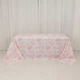 90x132inch White Pink French Toile Polyester Tablecloth, Seamless Floral Rectangle Table Cover