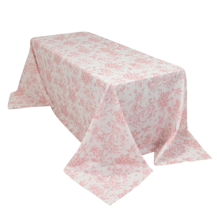 90x132inch White Pink French Toile Polyester Tablecloth, Seamless Floral Rectangle Table Cover