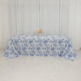 90x156inch White Blue French Toile Polyester Tablecloth, Seamless Floral Rectangle Table Cover