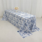 90x156inch White Blue French Toile Polyester Tablecloth, Seamless Floral Rectangle Table Cover