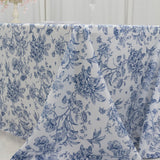 90x156inch White Blue French Toile Polyester Tablecloth, Seamless Floral Rectangle Table Cover