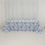 90x156inch White Blue French Toile Polyester Tablecloth, Seamless Floral Rectangle Table Cover