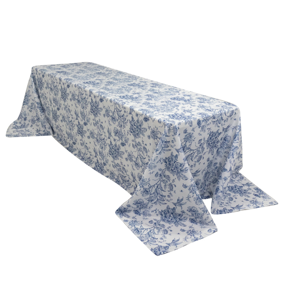 90x156inch White Blue French Toile Polyester Tablecloth, Seamless Floral Rectangle Table Cover