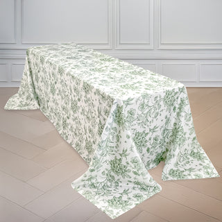 <strong>Exquisite White with Dusty Sage Green Floral Toile Pattern Tablecloth</strong>
