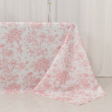 90x156inch White Pink French Toile Polyester Tablecloth, Seamless Floral Rectangle Table Cover