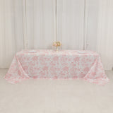 90x156inch White Pink French Toile Polyester Tablecloth, Seamless Floral Rectangle Table Cover