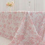 90x156inch White Pink French Toile Polyester Tablecloth, Seamless Floral Rectangle Table Cover