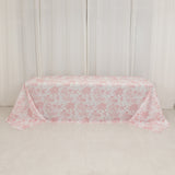 90x156inch White Pink French Toile Polyester Tablecloth, Seamless Floral Rectangle Table Cover