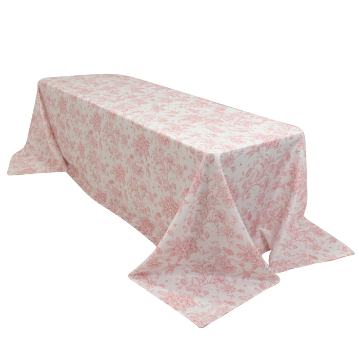 90x156inch White Pink French Toile Polyester Tablecloth, Seamless Floral Rectangle Table Cover