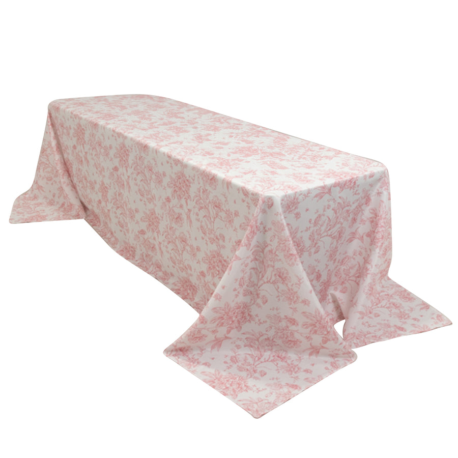 90x156inch White Pink French Toile Polyester Tablecloth, Seamless Floral Rectangle Table Cover