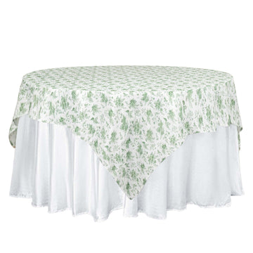 Dusty Sage Green Polyester Square Table Overlay in French Toile Pattern - 70"x70"