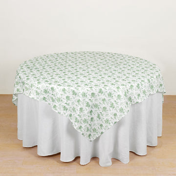 Dusty Sage Green Floral Polyester Square Table Overlay, Wrinkle Free Seamless Table Topper 70"