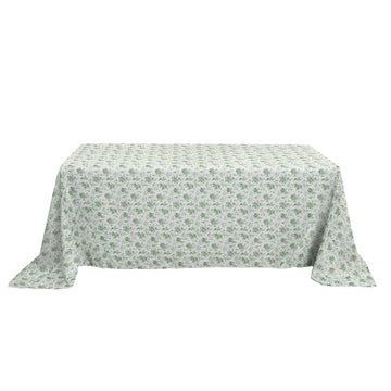 Dusty Sage Green Floral Polyester Rectangular Tablecloth - 90"x132" for 6 Foot Table With Floor-Length Drop