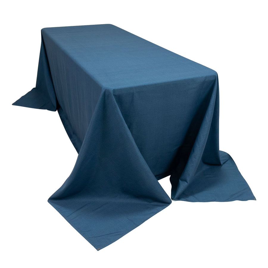 Blue tablecloth draped over a rectangular table