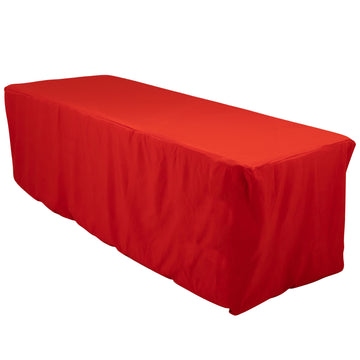 Red Fitted Premium Polyester Rectangle Tablecloth 8ft Table Cover For 96"x30" Tables - 220GSM