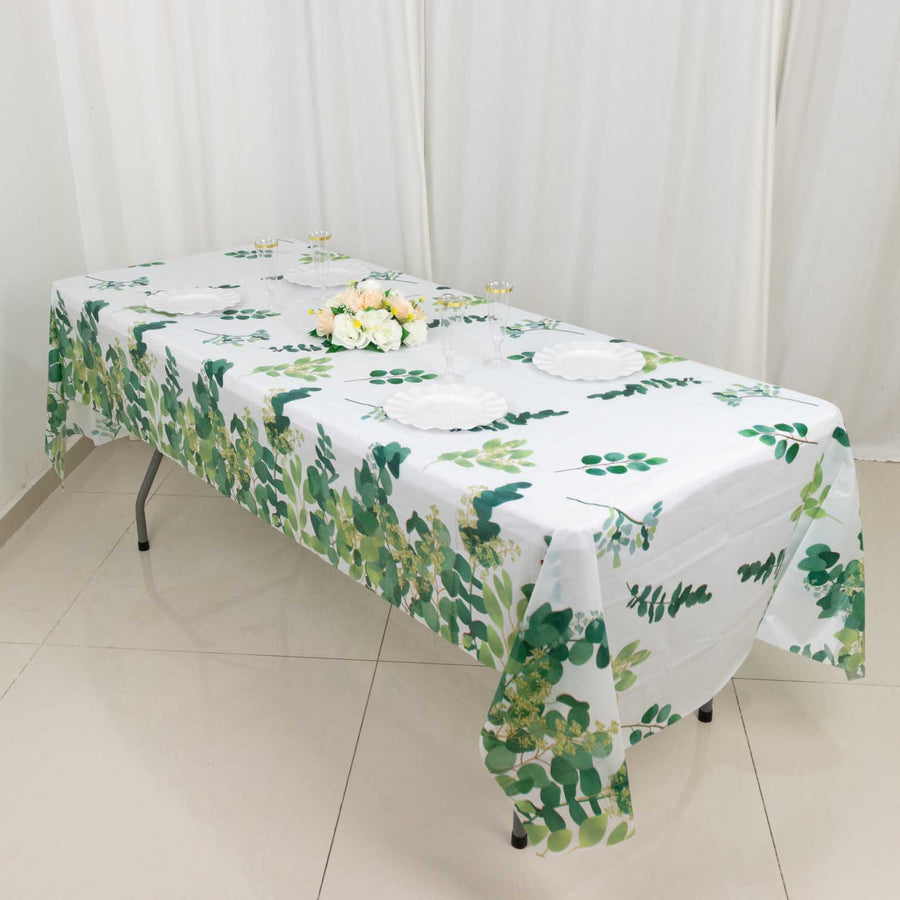 5 Pack White Green Rectangular Waterproof Plastic Tablecloths With Eucalyptus Leaves Print
