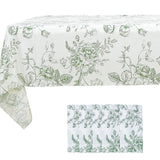 Floral print tablecloth in green and white with elegant botanical design.