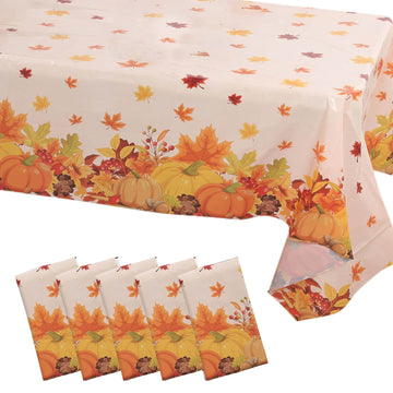 5 Pack Orange Thanksgiving Rectangle Plastic Table Covers, PVC Waterproof Disposable Tablecloths with Fall Maple Leaves Pumpkin Print - 54"x108"