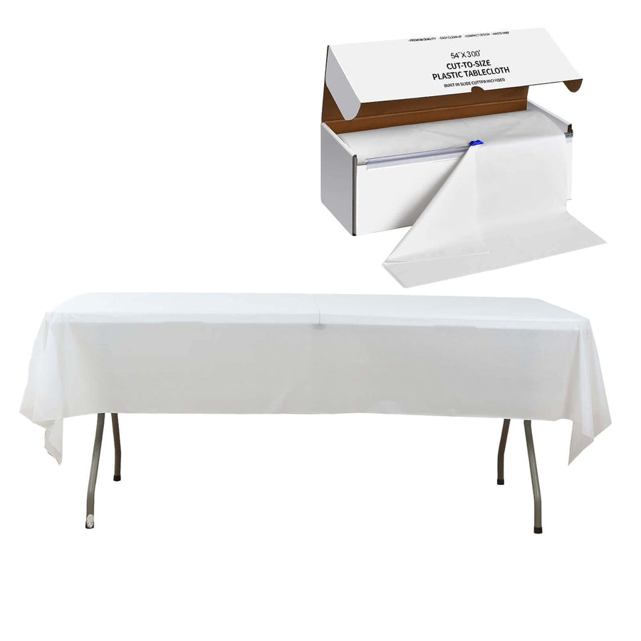 White Plastic Tablecloth Roll in A Cut-to-Size Box with Slide Cutter, Cuts Up to 36 Rectangle 8 Feet