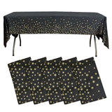 5 Pack Black Rectangle Plastic Table Covers with Gold Stars, 54"x108" PVC Waterproof Disposable Tablecloths