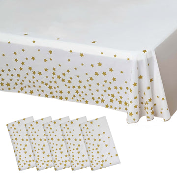 5 Pack White Rectangle Plastic Table Covers with Gold Stars, 54"x108" PVC Waterproof Disposable Tablecloths